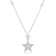 This necklace is crafted with rhodium plating the same metal that gives white gold its shine. There are shining stars on the chain and one
